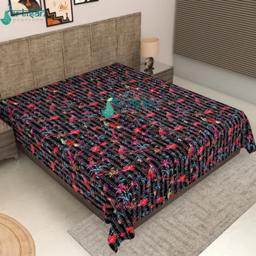 Handmade Bird Print Kantha Quilt